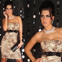 Edles Satin Bandeau Kleid Etuikleid Abendkleid Leopard-Optik 40