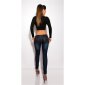 Sexy Skinny Röhrenjeans Jeans in Leder-Look Mix Dunkelblau-Schwarz