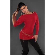 Noble fine-knitted sweater with lace and rivets red