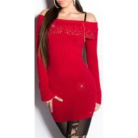 Precious fine-knitted long sweater with rhinestones red