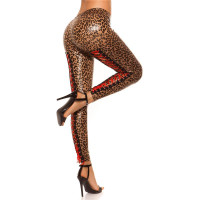 Sexy Glanz Leggings mit Schnürung Wetlook Clubwear Leopard 36/38 (S/M)