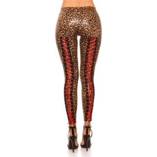 Sexy glossy leggings with lacing wet look clubwear leopard UK 14/16 (L/XL)