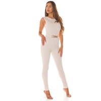 Elegant sleeveless overall jumpsuit with gold-coloured buckle beige