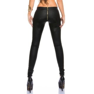 Sexy Skinny Treggings Hose in Leder-Look mit Zipper Schwarz 38 (M)