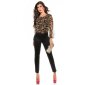Eleganter Langarm Overall Jumpsuit mit Chiffon Leopard-Schwarz
