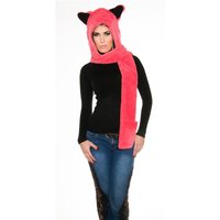 Cuddly cap with ear flaps and scarf coral/black