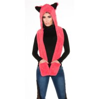 Cuddly cap with ear flaps and scarf coral/black
