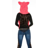 Cuddly cap with ear flaps and scarf coral-black