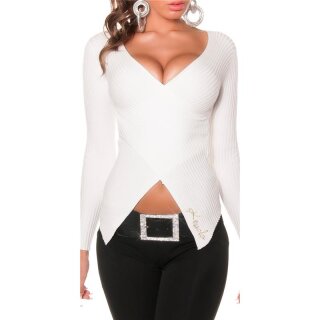 Stylish rib-knitted sweater pullover in wrap look cream