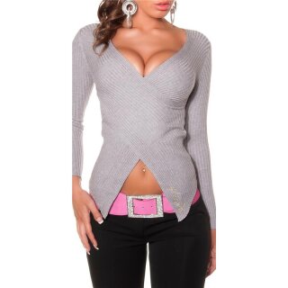 Stylish rib-knitted sweater pullover in wrap look grey
