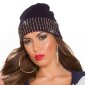 Trendy fine-knitted winter cap with gold-coloured rivets navy
