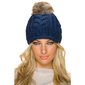 Lined coarse-knitted winter cap bobble hat with fake fur navy