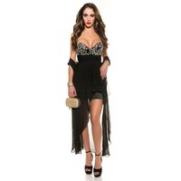 Luxury cocktail evening dress made of satin with chiffon veil black