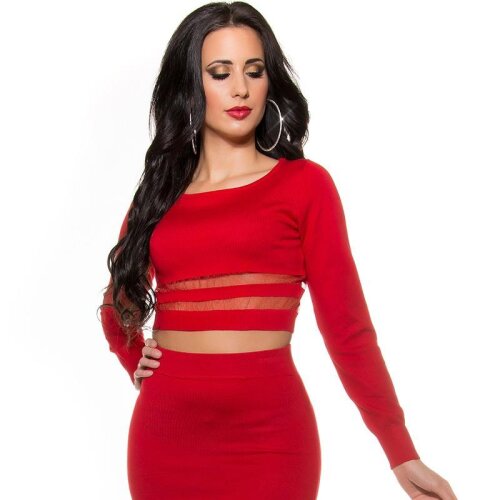 Sexy bauchfreier Feinstrick Pullover mit Streifen Rot