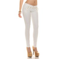 Skinny Damen Treggings Hose in Leder-Look mit Schnürung Weiß