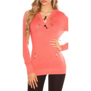 Trendy hoodie sweater jumper with rhinestones coral
