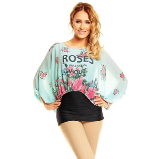 Chiffon shirt with long batwing sleeves and flowers mint/black