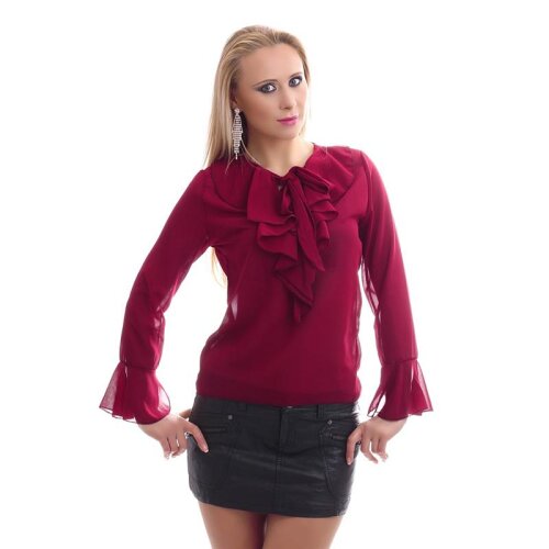 Edle Chiffon Schluppenbluse transparent mit Rüschen Bordeaux