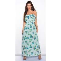 Elegant long maxi dress with flower design and flounces mint green
