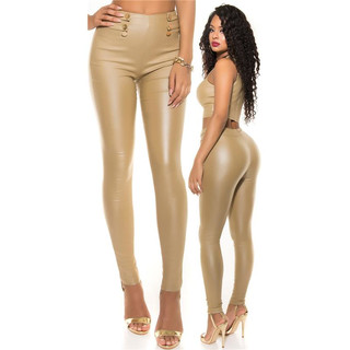 Sexy skinny high-waisted treggings trousers in leather look beige