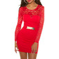 Noble long-sleeved evening sheath dress with fine lace red