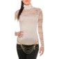 Elegant long-sleeved shirt with lace and stand-up collar beige Onesize (UK 8,10,12)