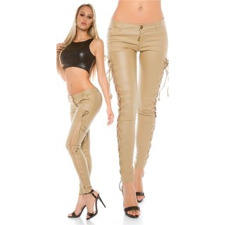 Sexy ladies pants in leather look with lacing wet look beige