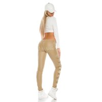 Sexy ladies pants in leather look with lace wet look beige