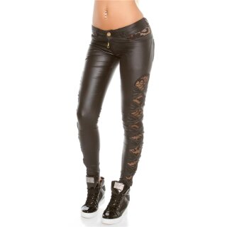Sexy ladies pants in leather look with lace wet look black
