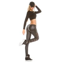 Sexy ladies pants in leather look with lace wet look black