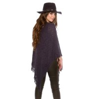 Elegant knitted oversized poncho with fringes cape wrap navy