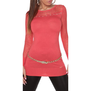 Noble fine-knitted ladies long sweater with lace coral