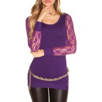 Noble fine-knitted ladies long sweater with lace sleeves purple