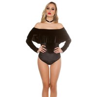 Elegant Carmen bodyshirt made of velvet with flounce black