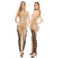 Skinny strapless leather look overall jumpsuit with lace beige