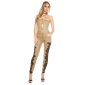 Skinny strapless leather look overall jumpsuit with lace beige