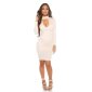 Elegant long-sleeved evening sheath dress with deep neckline beige