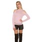 Noble rib-knitted cold shoulder sweater with glitter antique pink