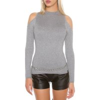 Noble rib-knitted cold shoulder sweater with glitter grey