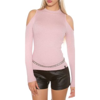 Noble rib-knitted cold shoulder sweater with glitter antique pink Onesize (UK 8,10,12)