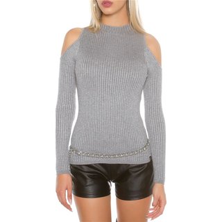 Noble rib-knitted cold shoulder sweater with glitter grey Onesize (UK 8,10,12)