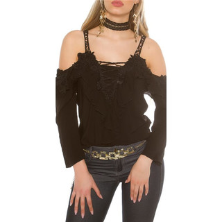 Sexy long-sleeved Carmen look blouse with flounces and lace black