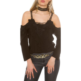 Sexy Langarm Carmen-Look-Bluse mit Volants und Spitze Schwarz