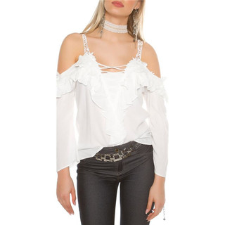 Sexy long-sleeved Carmen look blouse with flounces and lace white