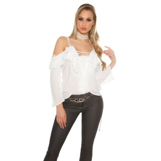 Sexy Langarm Carmen-Look-Bluse mit Volants und Spitze Weiß