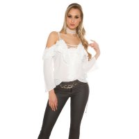 Sexy Langarm Carmen-Look-Bluse mit Volants und Spitze Weiß 38/40 (M/L)