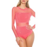 Sexy glamour bodyshirt with mesh and rhinestones coral