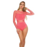 Sexy Glamour Body-Shirt mit Strass und Netzstoff Coral Einheitsgröße (34,36,38)