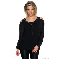 Elegant long-sleeved cold shoulder chiffon shirt black