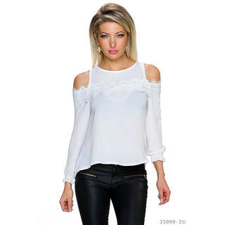 Transparent cold shoulder chiffon blouse with lace white
